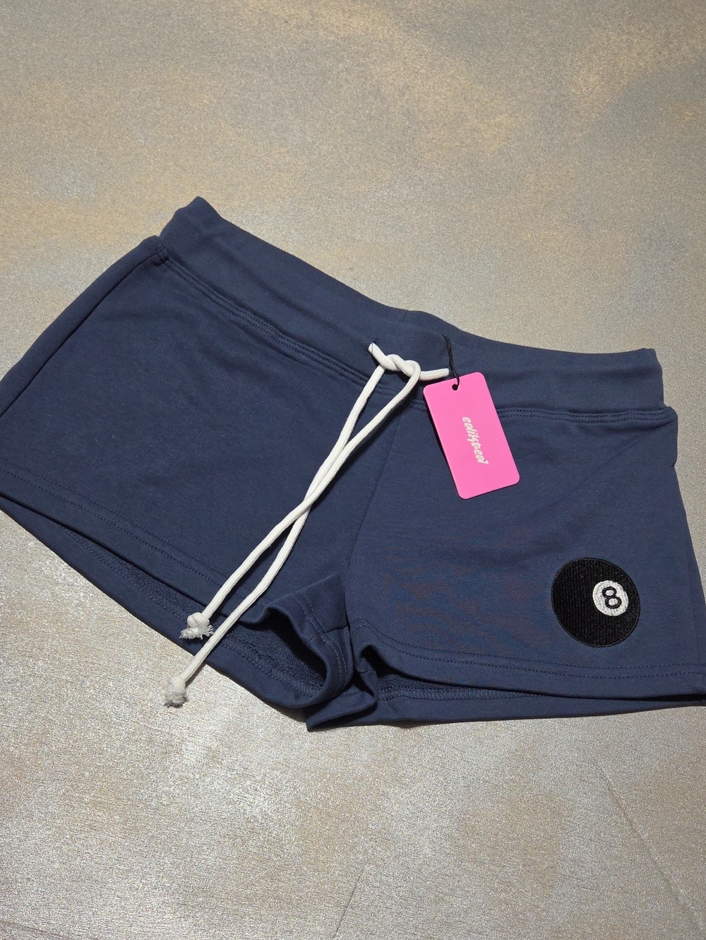 Edikted Navy Athletic Bike Shorts with White Drawstring and 8-Ball Patch